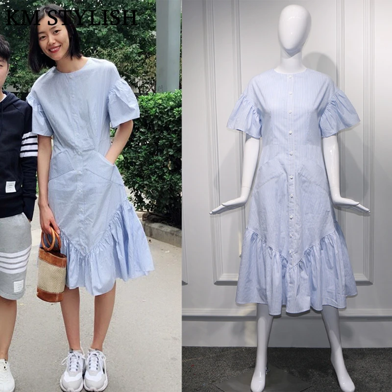 2018 New Sky Blue Striped Ruffles Pockets Casual One-piece Dress Flare Sleeve Loose Short Sleeve Medium Dress Female Dresses