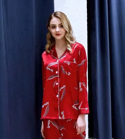 

Женская пижама Домашняя одежда с длинными рукавами и принтом, одежда для сна, Тонкая шелковая атласная Домашняя одежда, комплект одежды для отдыха из 2 предметов, одежда для сна, J099