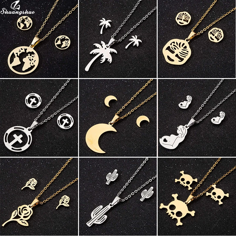 

Shuangshuo Stainless Steel World Map Necklaces Pendants for Women Everyday Jewelry Trendy Moon Tree of Life Moon Gold Collier