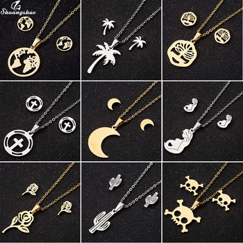 

Shuangshuo Stainless Steel World Map Necklaces Pendants for Women Everyday Jewelry Trendy Moon Tree of Life Moon Gold Collier