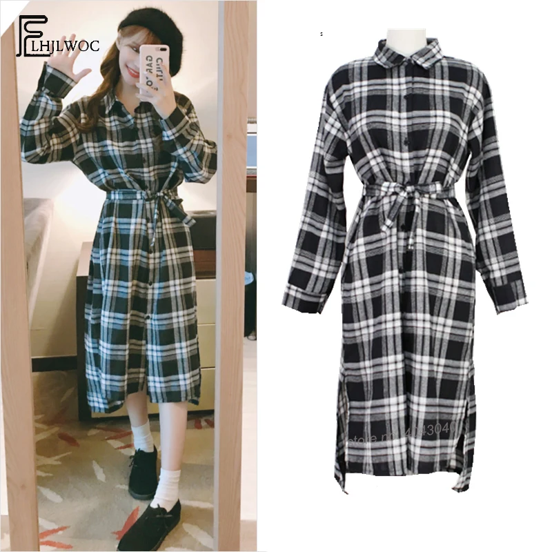 Plaid Dresses Women Fashion Autumn Preppy Style Japan Korean Design Bow Tie Cute Sweet Girls Button Plaid Shirt Dress Long 129