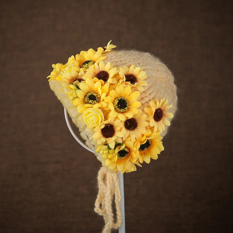 

Handmade Baby Sunflower Cap Sitter Bonnet Floral Yellow Bonnet Newborn Photography Prop Hat, Baby Shower Gift, bebe Headdress