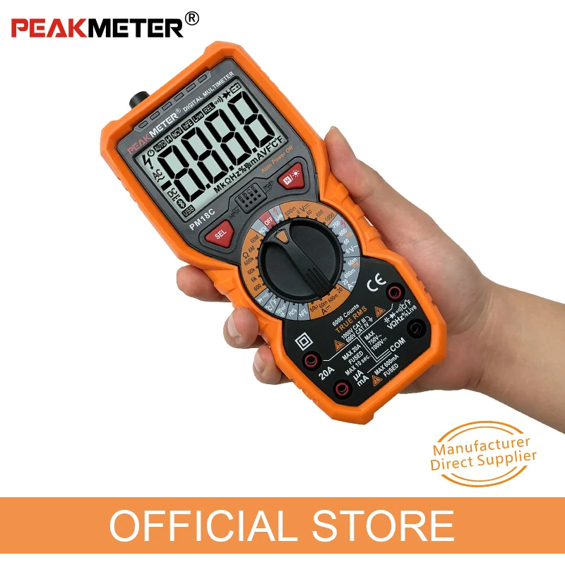 Official PEAKMETER Digital Multimeter PM18C with True RMS AC/DC Voltage Resistance Capacitance Frequency Temperature NCV Tester
