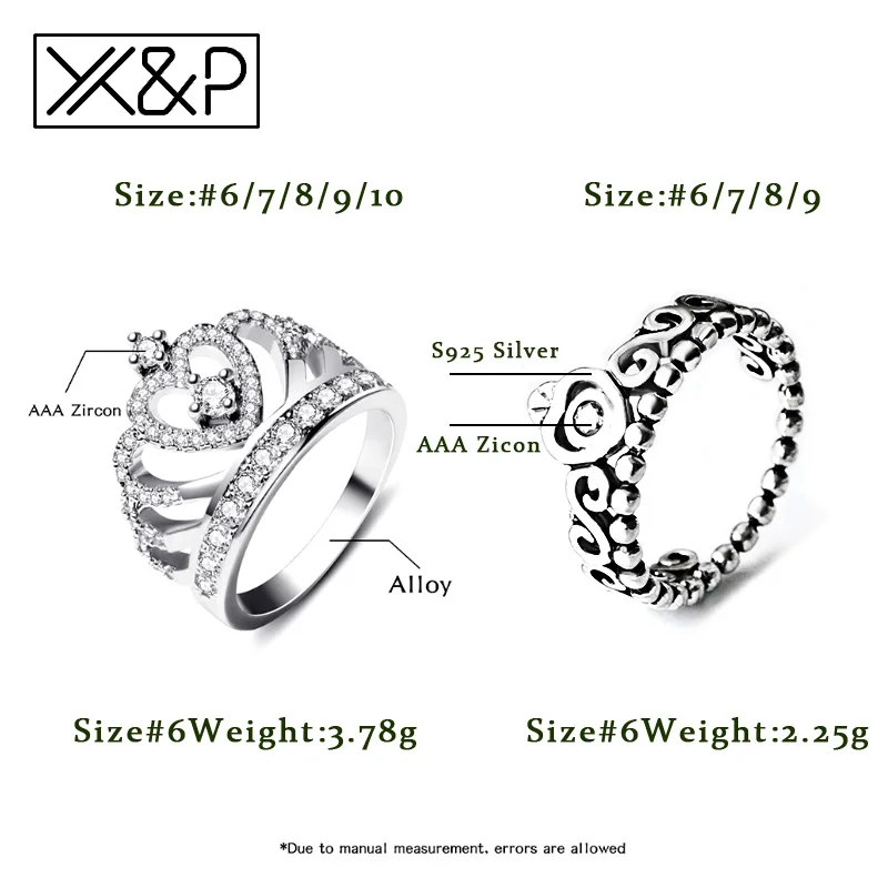 X& P Свадебные винтажные античные серебряные кольца с кристаллами в виде короны для женщин, обручальное модное роскошное кольцо с кубическим цирконием AAA, ювелирные изделия