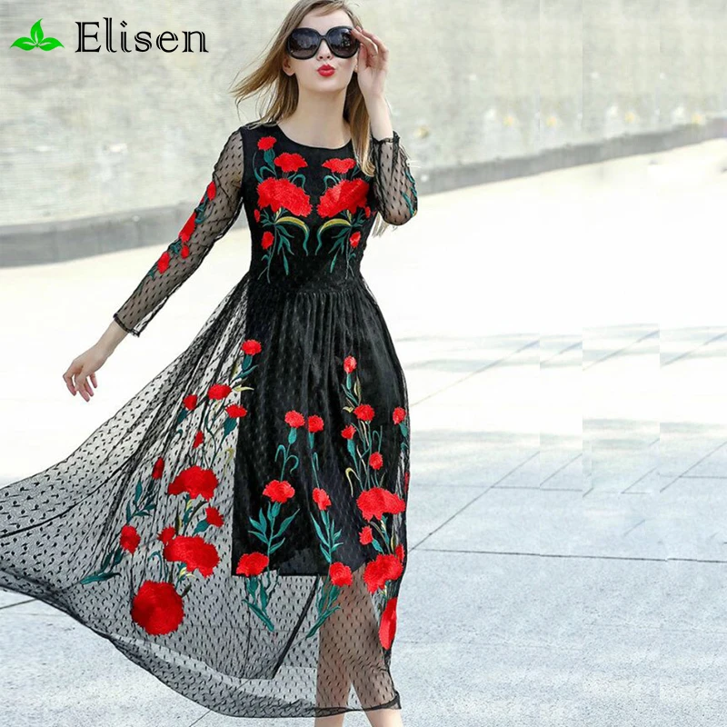  Runway Dresses 2016 New Fashion Runway Long Sleeve Sexy Mesh Carnation Embroidery Slim Black Long Dress 