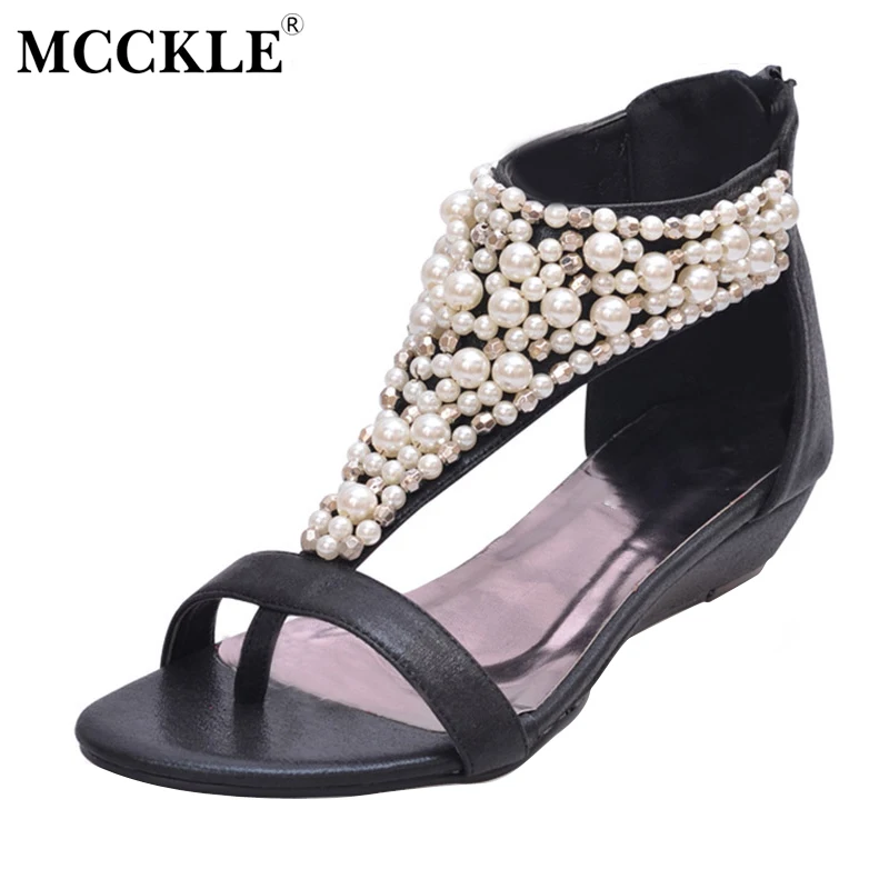 MCCKLE Woman Summer Sandals Open Toe Zipper String Beaded Shoes Female ...