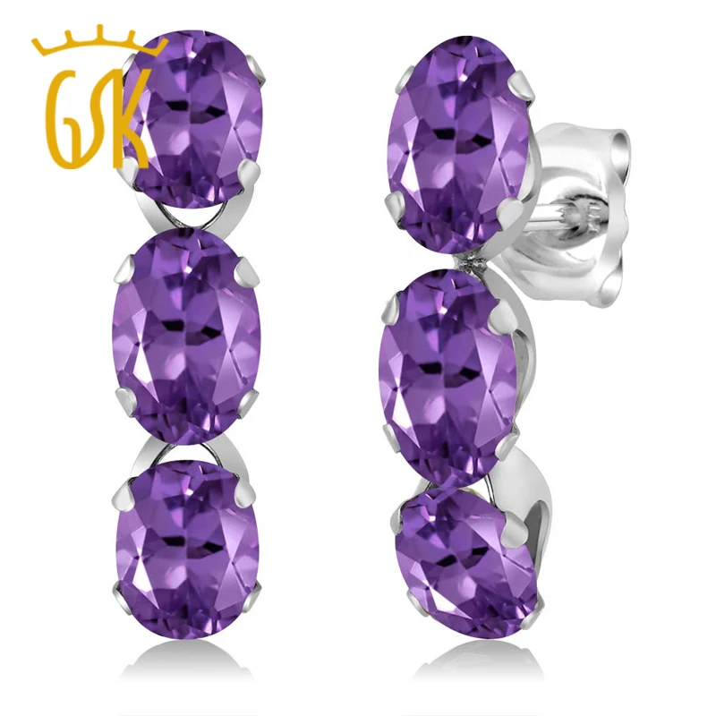 

GemStoneKing 2.70 Ct Oval Natural Purple Amethyst 3-Stone Earrings For Women Solid 925 Sterling Silver Gemstone Fine Jewelry