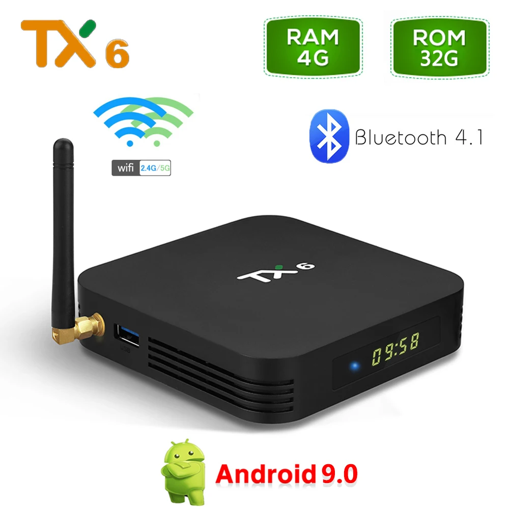 

TX6 4GB RAM 32GB ROM Android 9.0 TV Box Allwinner H6 Quad Core Media Player 2.4G 5G Wifi Bluetooth 4.1 4K HD Smart Set Top Box