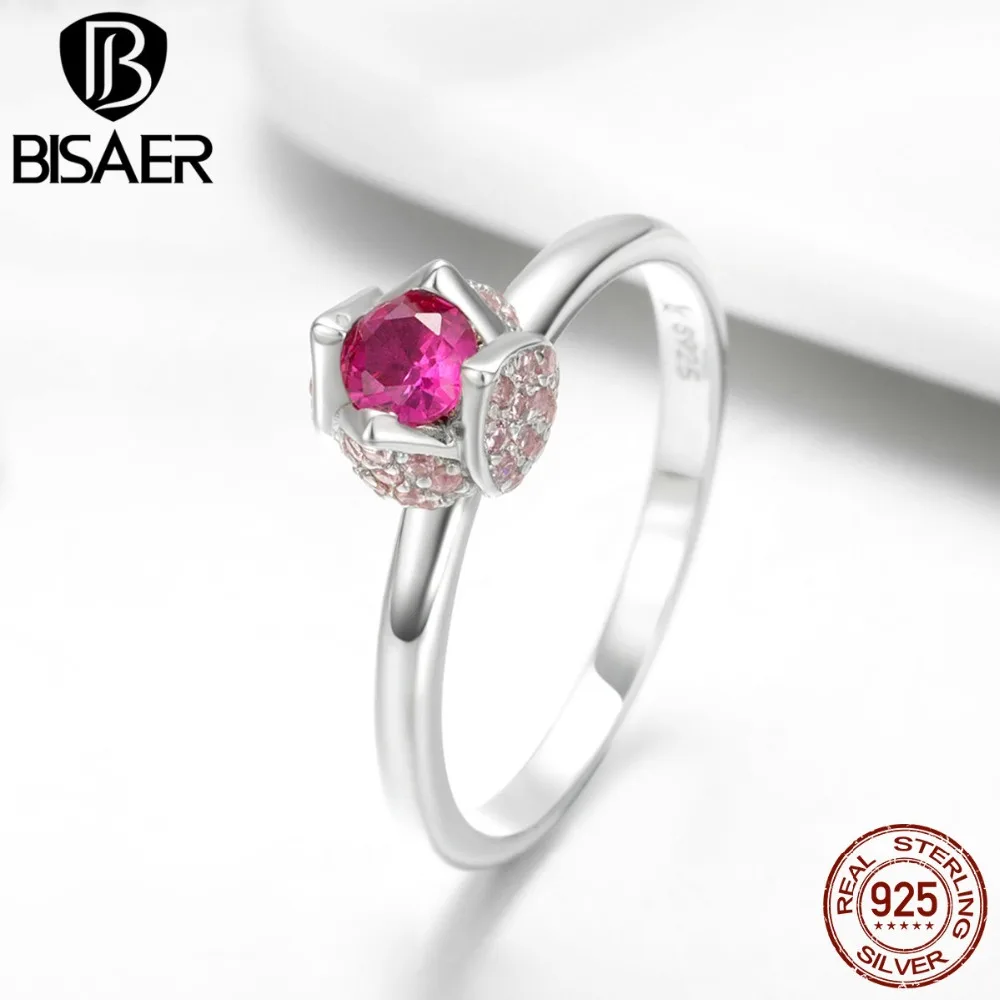 BISAER 925 пробы серебро романтическая роза цветок кольца для женщин розовый CZ цветочные бутоны свадебное кольцо на палец серебряные украшения