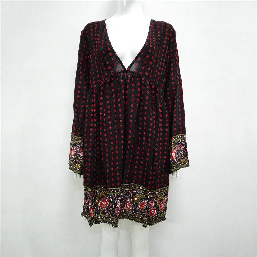Autumn Sexy Deep V neck Beach dress For Women Boho Long Sleeve Printed Dress Women Beach Sundress Casual Women's Dresses Female (13)
