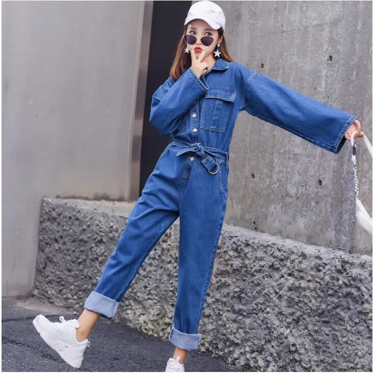 2018 Women Long Sleeve Denim Jumpsuit Solid Turn-Down Collar Long Jeans Overalls
