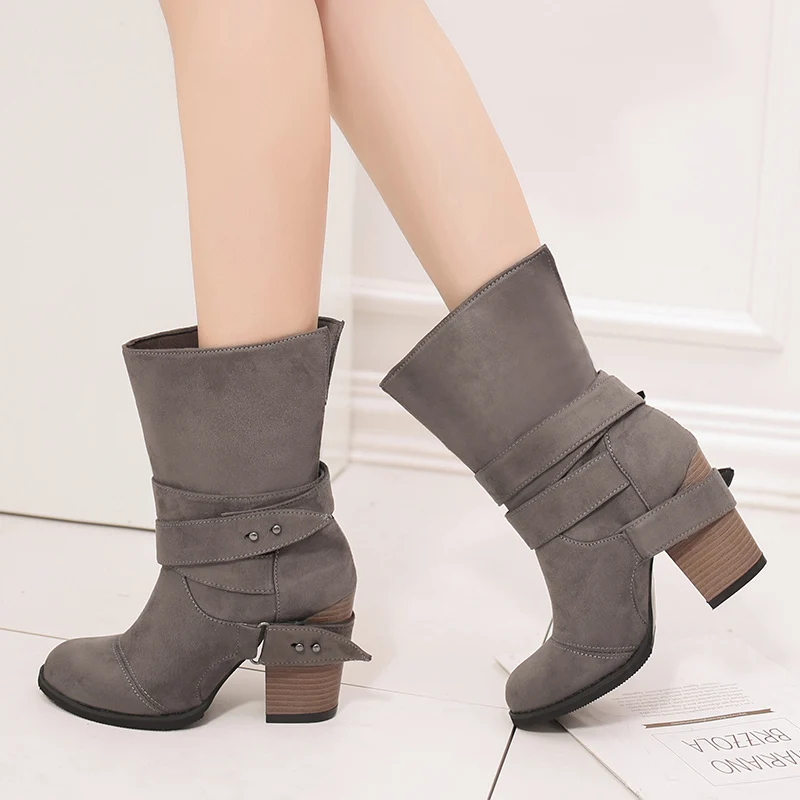 

Winter Women Boots Thick High Heels Ankle Boots Female 2018 Casual Strap Flock Shoes Botas Mujer Cute Snow Botines Plus Size 43