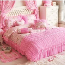 Parure de lit en dentelle, imprimé, 4 pièces, rose, violet, king queen, housse de couette, jupe de lit, taies d'oreillers, drap de lit pour filles
