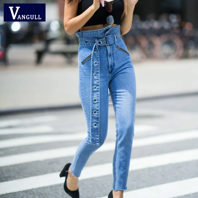 Blue Vangull женские джинсы с высокой талией эластичные узкие джинсовые длинные брюки-карандаш Большие размеры пуговицы джинсы Camisa Feminina повседневные брюки - Цвет: Blue