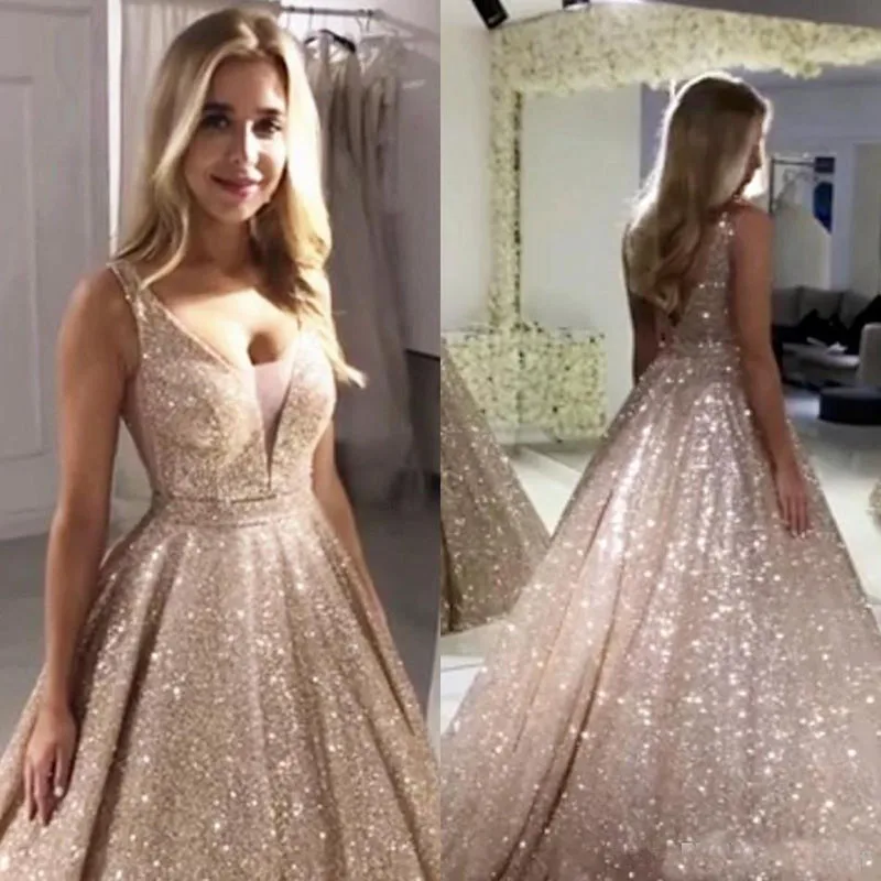 

Sparkly Rose Gold Prom Dresses V Neck Sequined Glitters Backless Evening Party Gowns Special Occasion robes de soiree