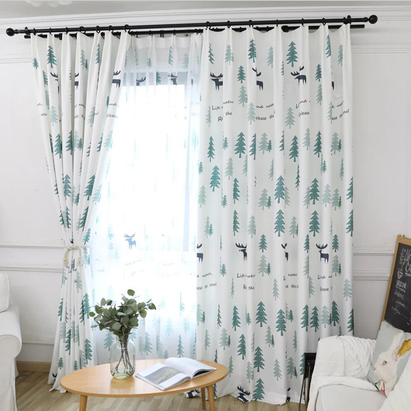 Cortinas opacas de bosque de pino verde Simple moderno para sala de estar de dibujos animados lindo ciervo para los tratamientos de ventana de dormitorio de los niños AH8