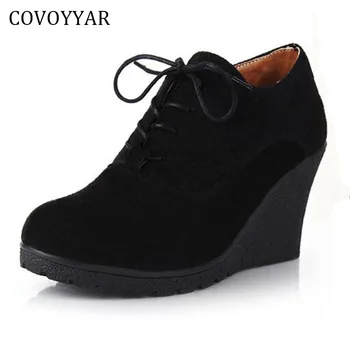

COVOYYAR 2019 Wedge Women Shoes Flock Lace Up Comfort Pumps Platform High Heels Spring Fall Solid Ankle Boots Oxford Shoes WHH20