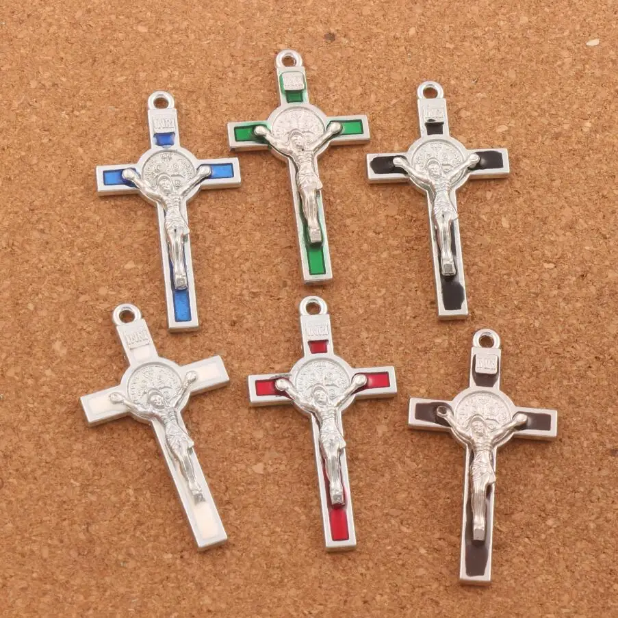 

5Color Enamel Saint Benedict Medal Italia Crucifix Cross Religious Spacer Beads Pendants Alloy Handmade L1715 4pcs 53.1x29.2mm