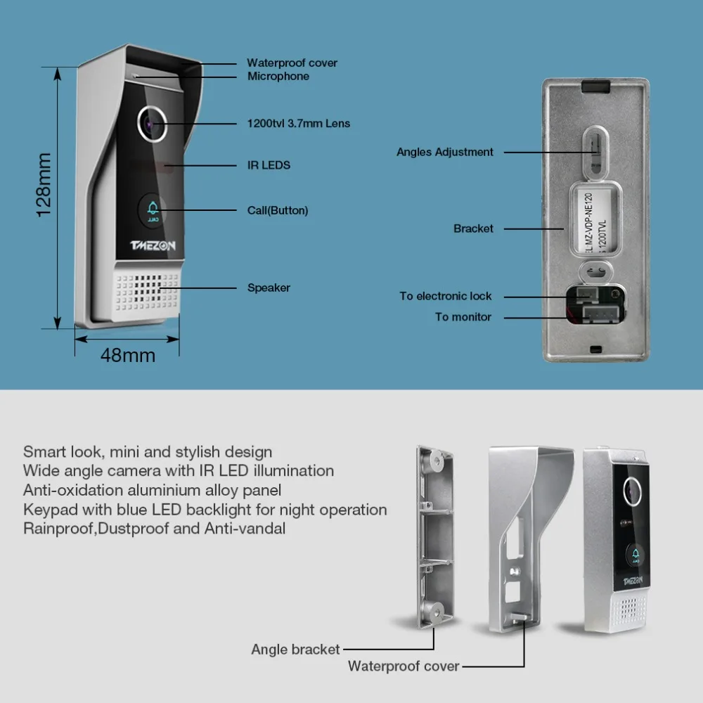 TMEZON 7 Inch Wireless WiFi Smart IP Video Door Phone Intercom System with 1x1200TVL Wired Doorbell