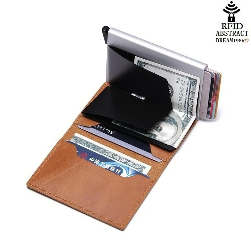 RFID для мужчин женский кожаный бумажник ID Card Holder Кредитная карта женщина алюминий металла бизнес дорожный кошелек Автоматический чехол для карт кошелек