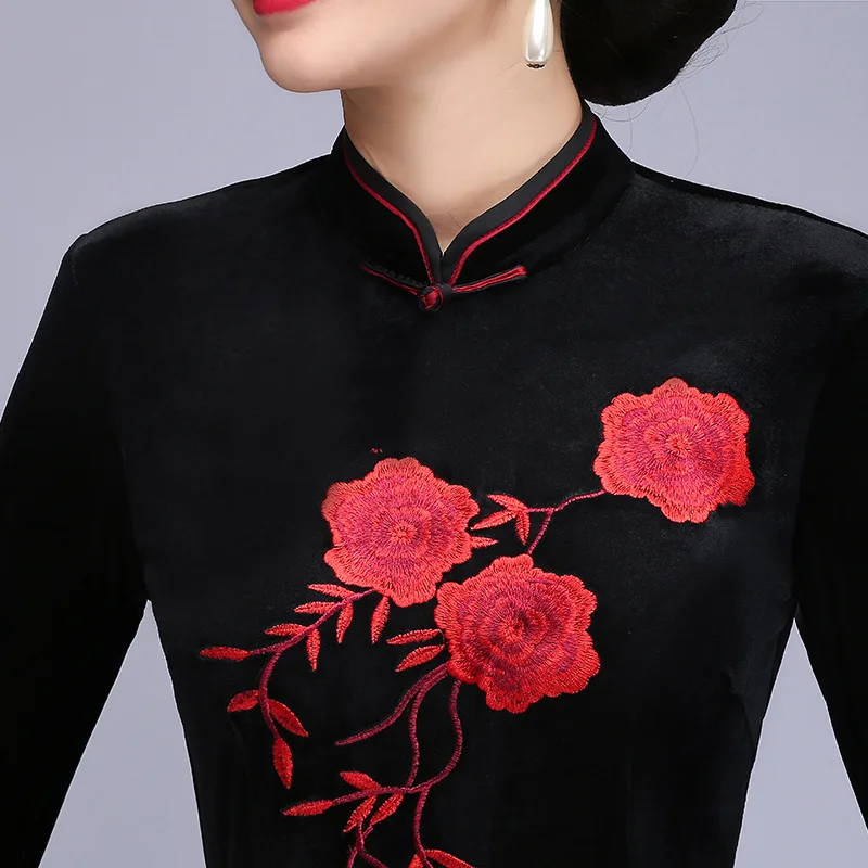Весенние женские бархатные Qipao элегантные цветочные Чонсам с коротким рукавом Традиционный Мандариновый воротник с высоким разрезом тонкое платье вечерние платья