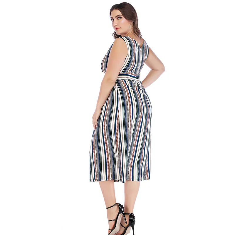 summer dress 2019 sexy  V-neck striped waist slim vest  dress large size women's clothing dress