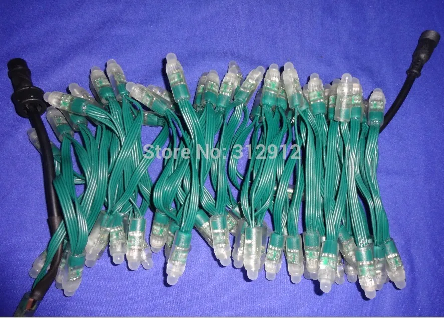 

GREEN wire IP68 DC12V input 12mm through-hole LED RGB dump node;100pcs a string;with 13.5mm 4core black pigtail at both ends