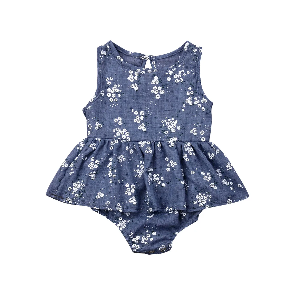 Blue Baby Summer Clothing Newborn Infant Baby Girl Bodysuits Dress Clothes Sleeveless Flowers Print Jumpsuits Tutu Dress 0-18M - Color: Blue