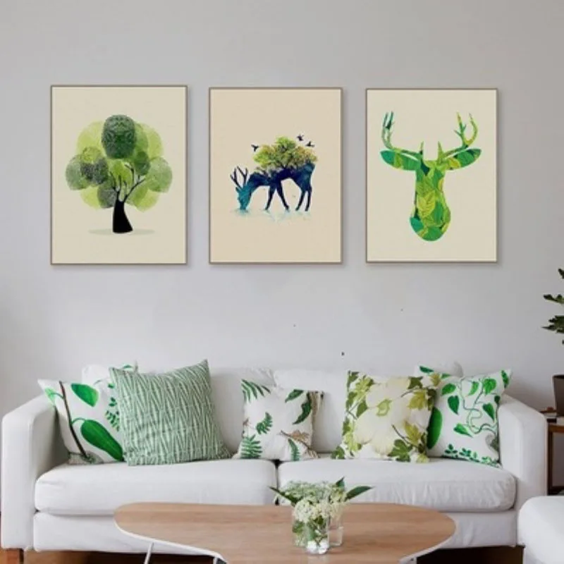 

New Modern Simple Style Watercolor Poster Green Tree Elk Wall Art Canvas Painting For Living Room Home Wall Picture Frameless