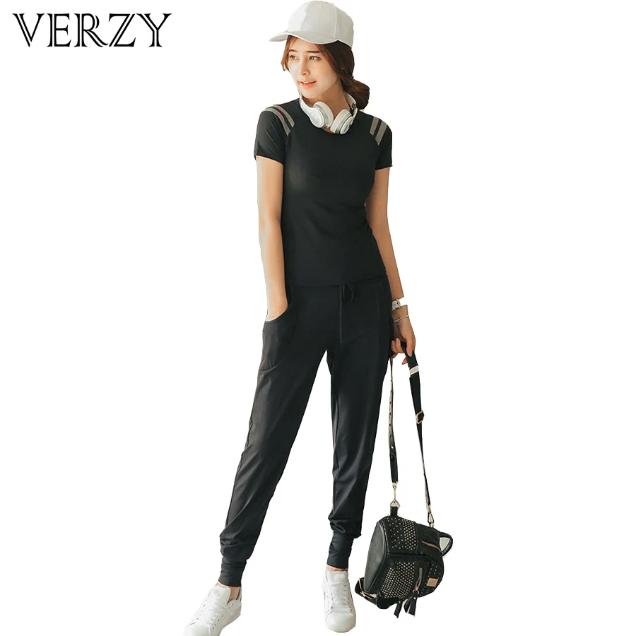 

Women Black T-Shirt&Pants Yoga Suit Quick Dry Breathable Fitness Sets Tracksuits Outdoor Home Gym Jogger Sport Training Clothing