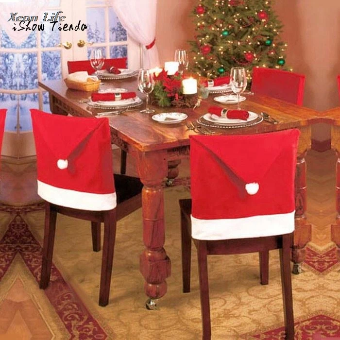 

ISHOWTIENDA 1pc 60*45cm Santa Hat Chair Covers Christmas Decor Dinner Chair Xmas Cap Sets
