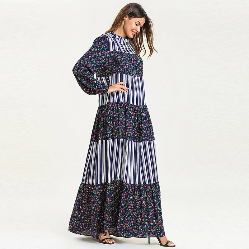 Европейская и американская мода с длинным рукавом полосатое цветочное тонкое женское платье мусульманское дубайское свободное многоцветное платье