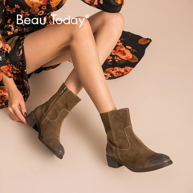 Женские ботинки из натуральной коровьей замши BeauToday брендовые на молнии до