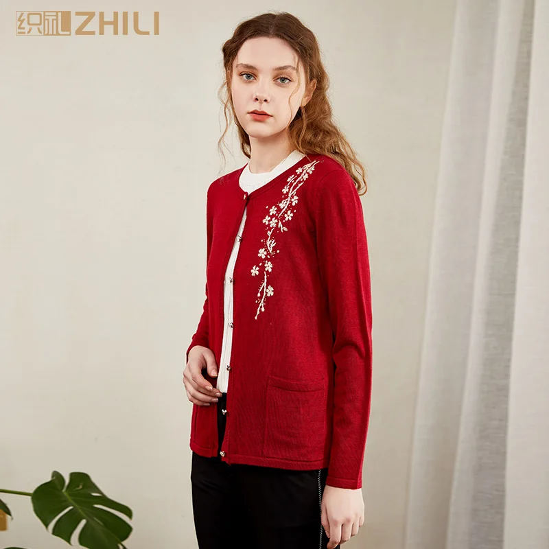 ZHILI/весна ; женский кардиган с вышивкой и круглым вырезом с цветочным узором; свитер; пальто(S-4XL