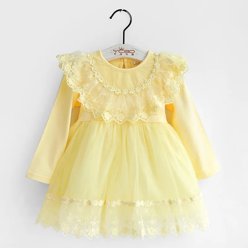 Платье для маленьких девочек Новинка весны Осень, платье принцессы детская одежда с кружевом и бантом Дизайн хлопок праздничное платье для маленьких девочек От 1 до 3 лет DQ574 - Цвет: yellow