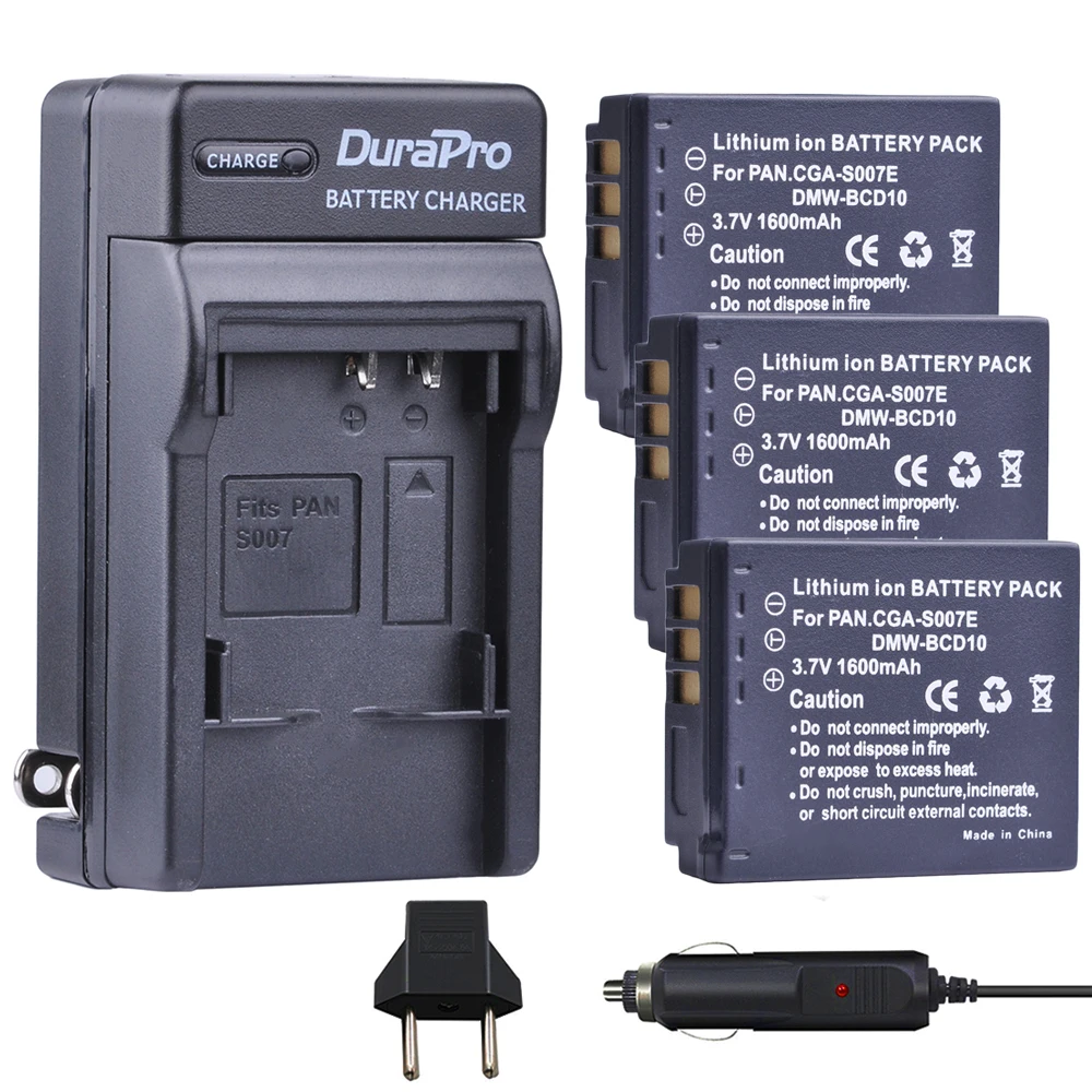 3 шт. CGA-S007E CGA-S007 CGA S007 DMW-BCD10 Li-Ion Батарея+ автомобиля Зарядное устройство для цифрового фотоаппарата Panasonic DMC TZ1 TZ2 TZ3 TZ4 TZ5 TZ11 E1032P TZ50 TZ15
