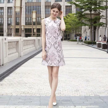 

Xf Jacquard Cotton Three-Dimensional Flower Embroidery High Quality Elegant Mini Sleeveless Straight Through Dress Court Retro