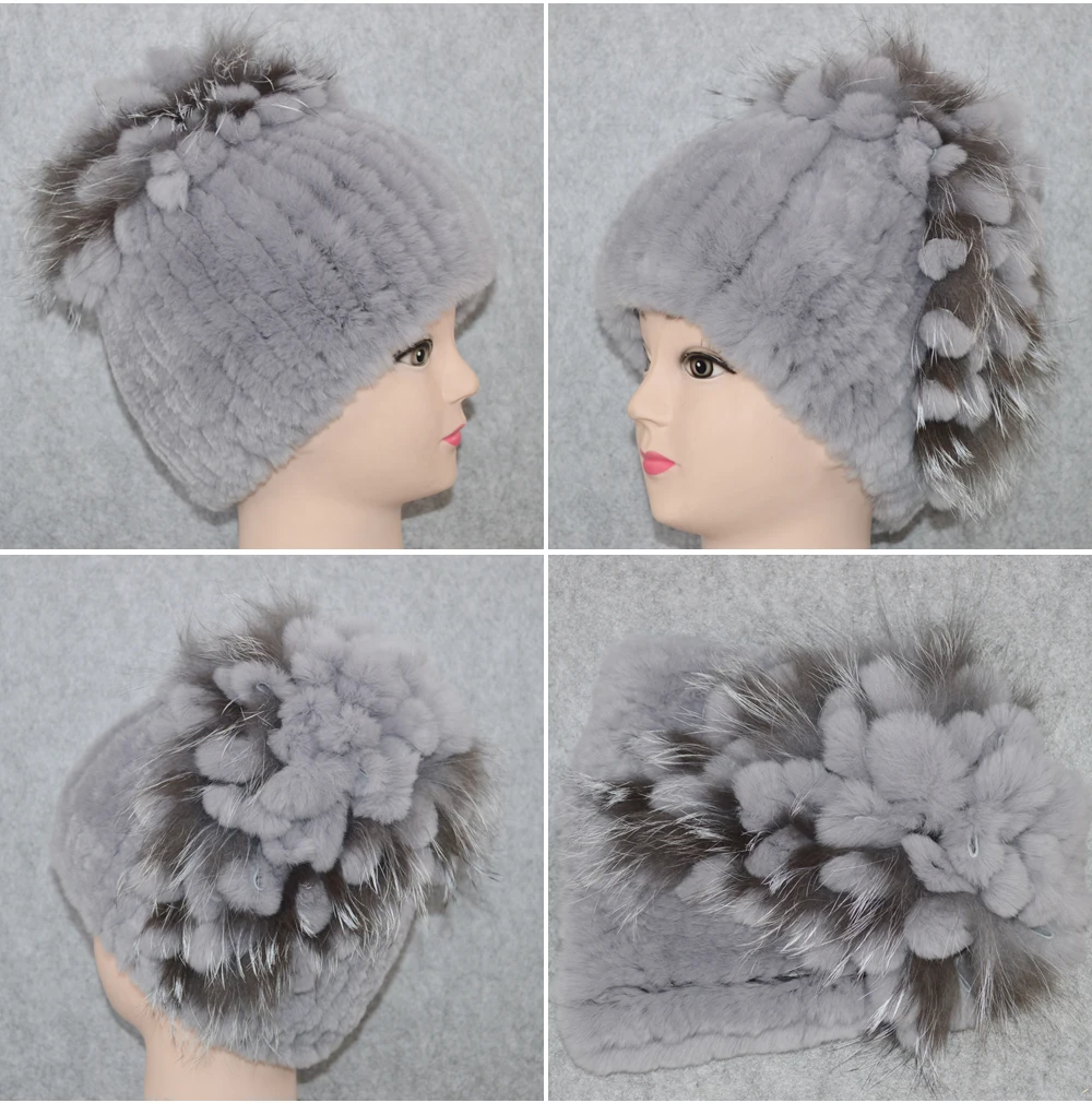 Новый для женщин Настоящий мех кролика Skullies шапки Роскошные эластичные трикотажные Цветочные из натуральной кролика рекс мех животных
