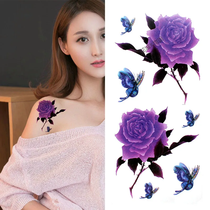 

Big flower Chinese Body Art Waterproof Temporary watercolor purple rose sexy For Woman Flash Tattoo Stickers 10*20CM MD060