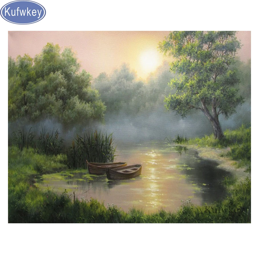 

landscape sunrise Diamond Embroidery full drill square/round cross stitch 5d diy diamond painting"lake boat"mosaic rhinestones,