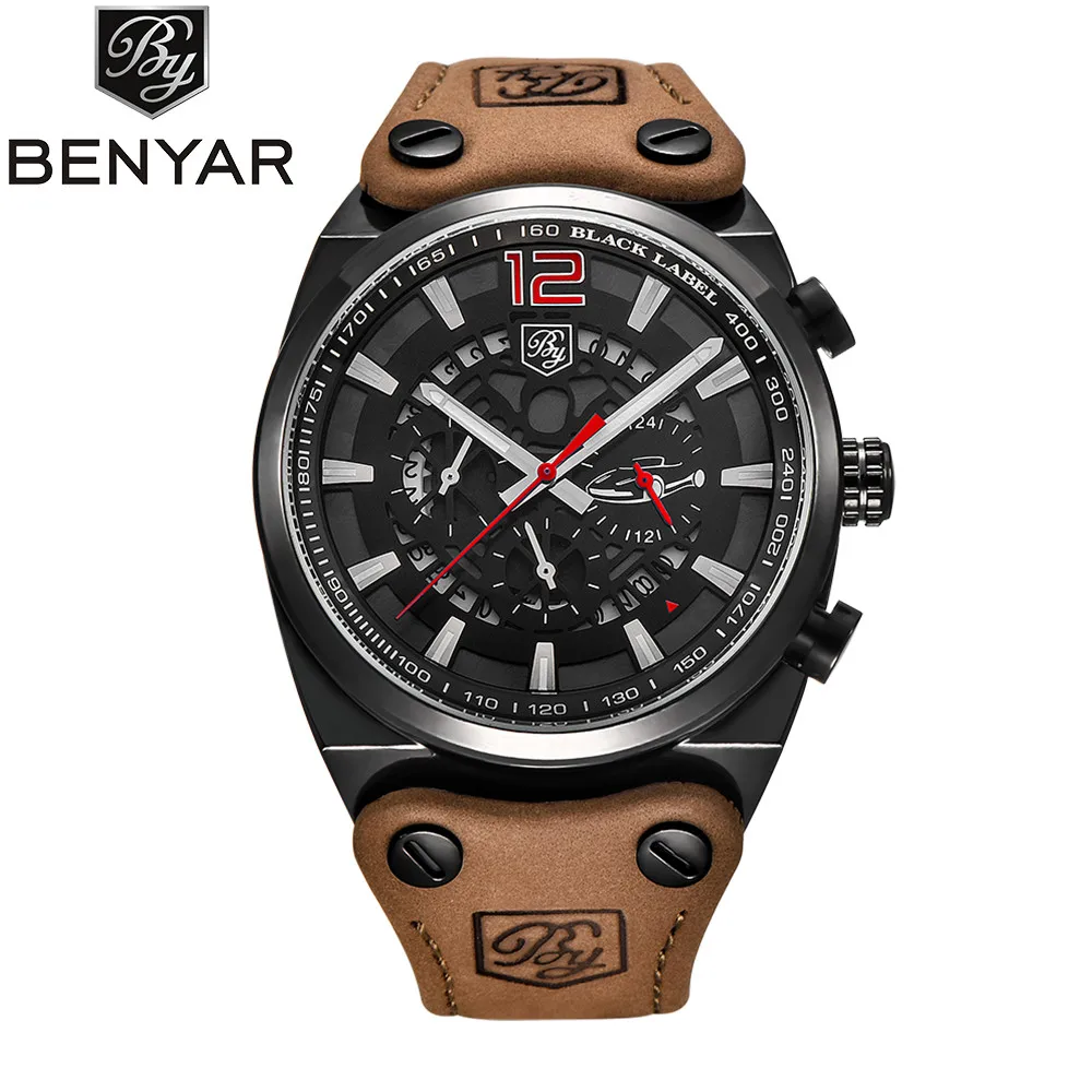 Benyar Men Watch Top Brand Luxury Male Leather Waterproof Sport Quartz Chronograph Military Wrist Watch Men Clock montre homme