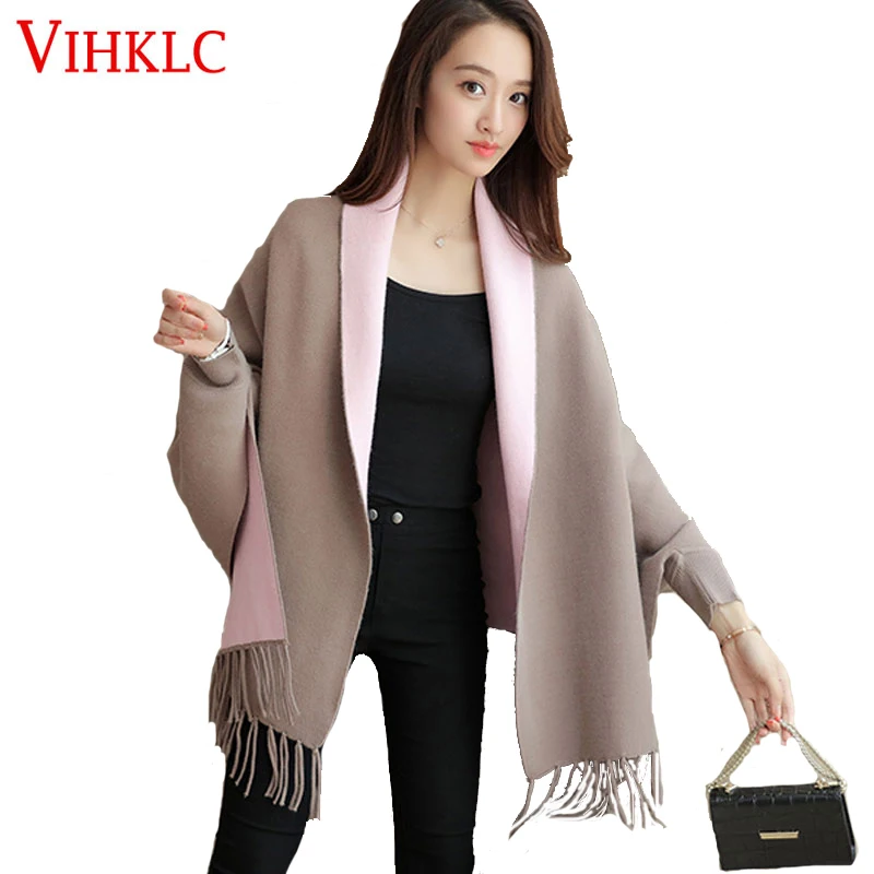 2017 New Autumn Female Poncho Loose Women Open Stitch Cardigan Cashmere Sweater Solid Full Sleeve Tassel Knitted Outerwear A829 |