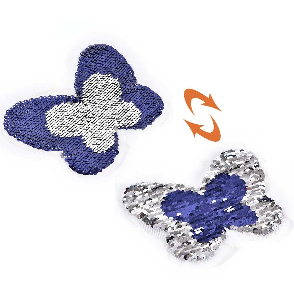 

1PC DIY Blue Butterfly Reversible Sequins Sew On Patch for Clothes Crafts Coat Sweater Embroidered Paillette Patch Applique