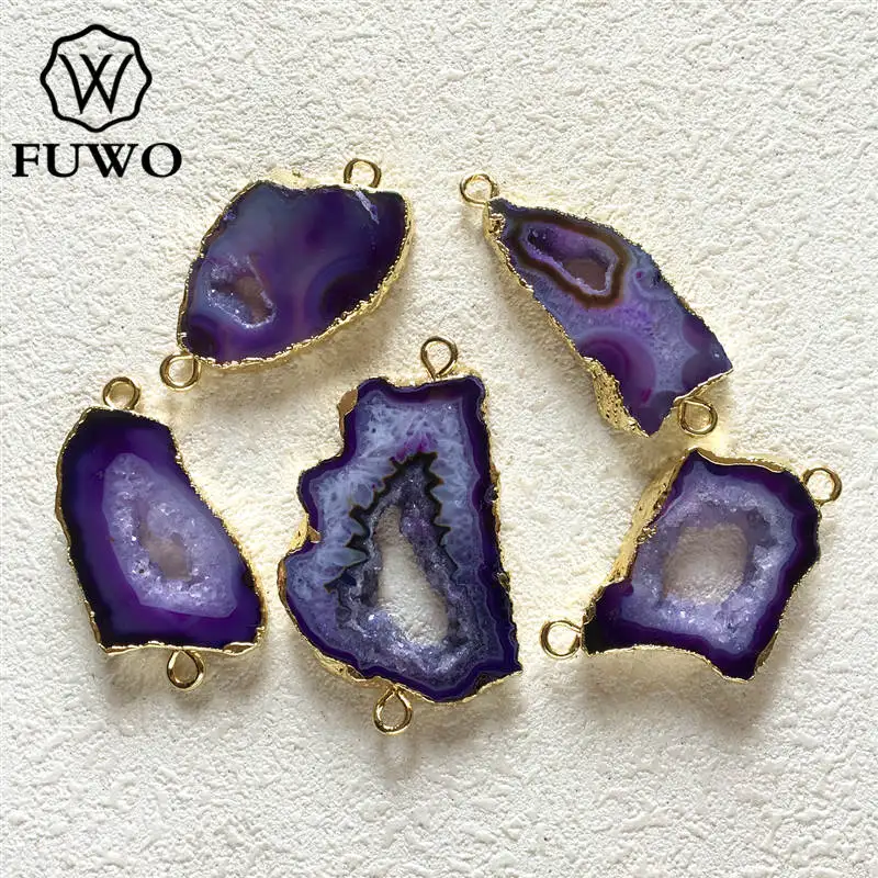 FUWO Натуральный Druzy Agates ломтик Разъем с золотой обрезкой Модный Фиолетовый/синий Geode Шарм Аксессуар для изготовления браслета PD228 - Окраска металла: Purple Agate