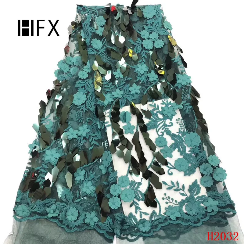 

HFX Green French Lace Fabric 2019 3d Flowers Lace Embroidery Tulle Fabric African Sequin Mesh Lace Fabric for Party Dress X2032
