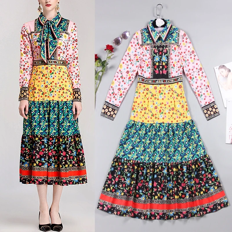 

New spring summer brand fashion broken flower printing bead stitching lacing dressing dressing dress dress