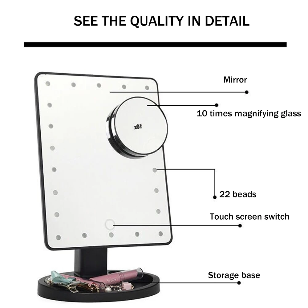 Зеркальный светильник для макияжа с сенсорным экраном, зеркало для макияжа на заказ, 1X 10X Настольный светодиодный зеркальный светильник, USB кабель, батарейки, 16/22 светильник s