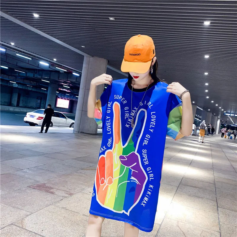 Летняя женская футболка Лето Harajuku стиль новая личность футболка длинный абзац палец локомотив Футболка-разлетайка Топ