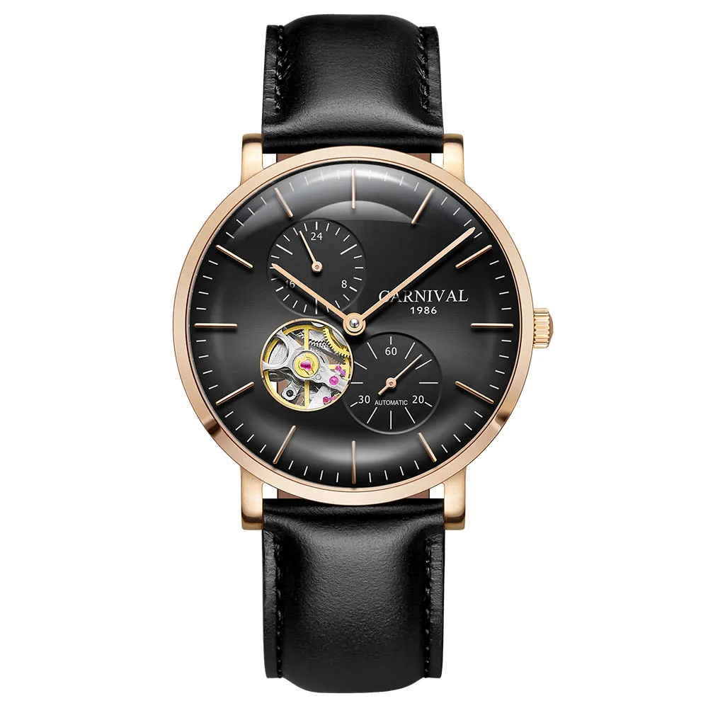 Rose gold Black Автоматические часы карнавал мужские часы кожа механические наручные часы Relogio Masculino сапфир водонепроницаемые черные часы - Цвет: Rose gold Black