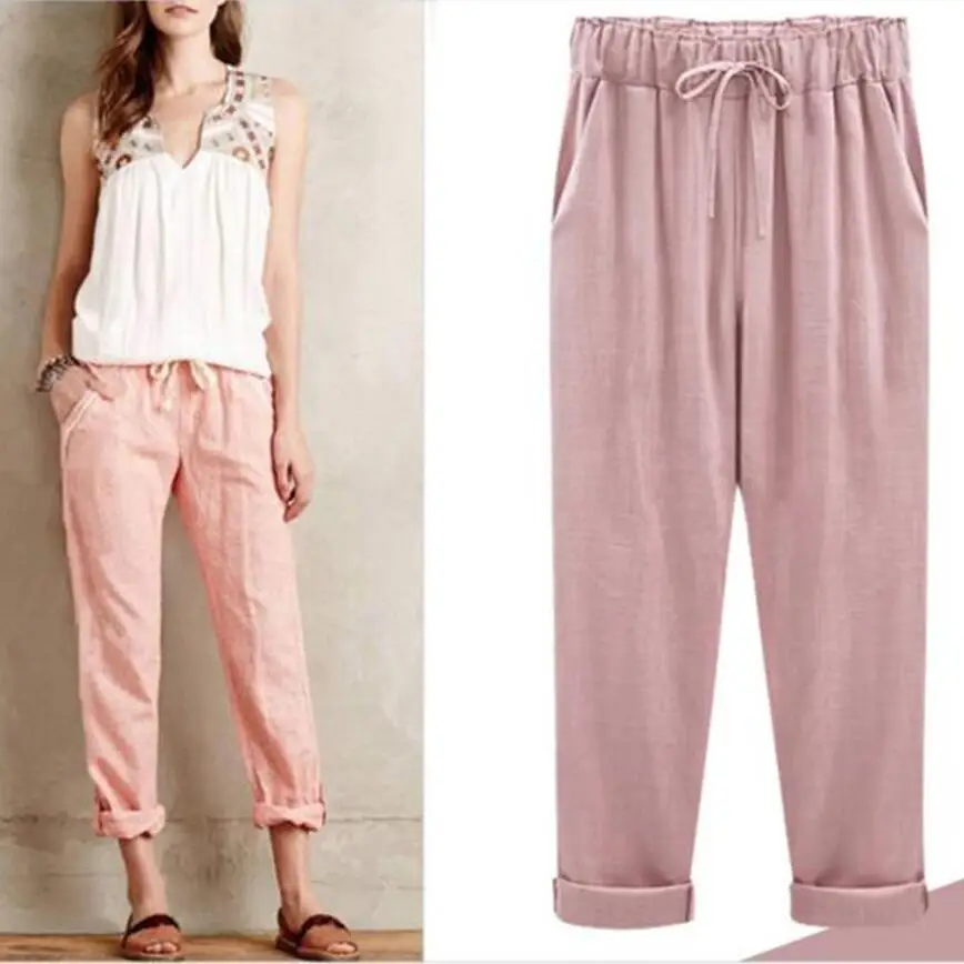 Хлопковые и льняные брюки с эластичным поясом винтажные повседневные до